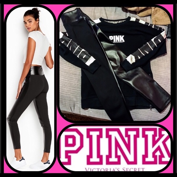 PINK VS HTF VARSITY SIDE-ZIP +FAUX LEATHER LEGGING